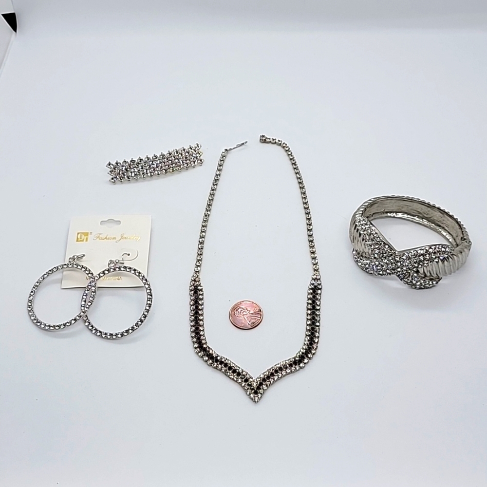 Formal Special Occasion Silvertone Rhinestone jewelry lot. 4 piece set